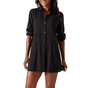 TOMMY BAHAMA Boyfriend Shirt Swim Cover Up Medium Black Cotton Clip Jacquard NWT